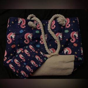 Blue Unicorn Macaron Tote Bag with Matching Attached Wallet